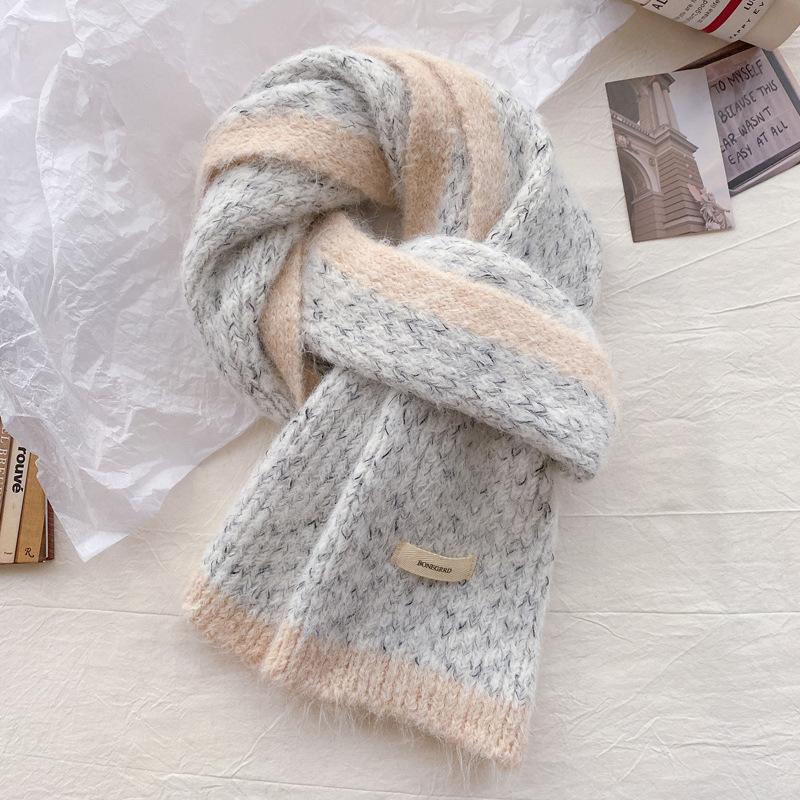 Wool color matching knitted small scarf women's winter warm student versatile wool couple scarf