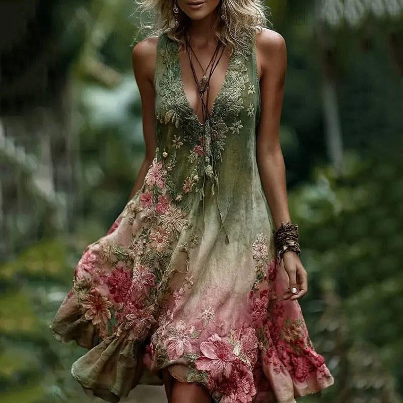 Women Boho Maxi Dress Embroidered Floral Halter Neck V Neck Beach Vacation Dress S