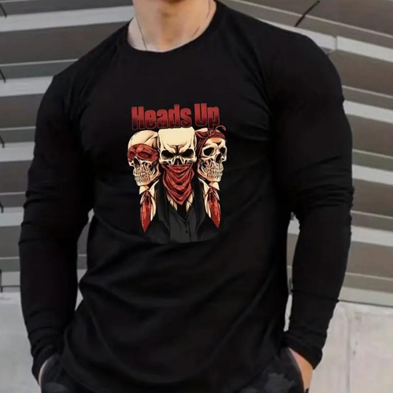 Creative Skull Print Men's Tshirts Long Sleeve Tees Round Neck Casual Pullover Men's Clothing Plus Size