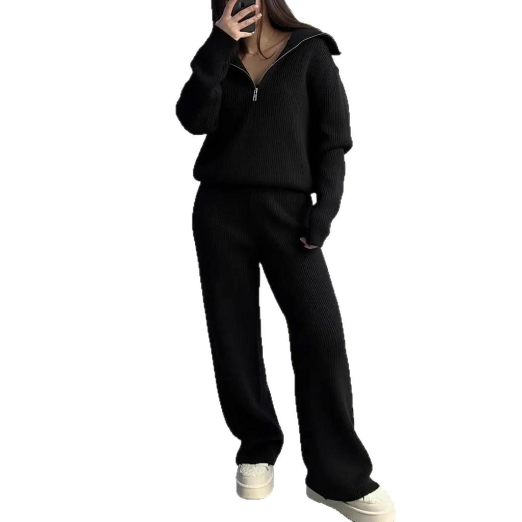 2025 Autumn Women's Lapel Zipper Knit Sweater and Long Pants Set - Casual European & American Style