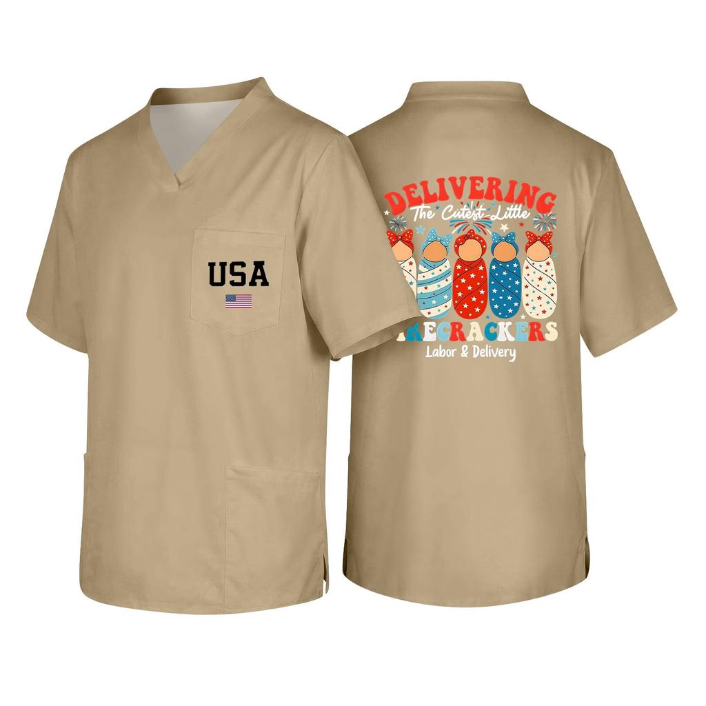 Men's Short Sleeve V Neck Work Shirt Nurse Uniform Top with Pocket USA Print Casual Fit Medical Scrub Tee for Healthcare Professionals