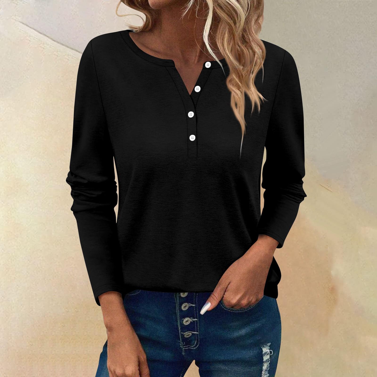 

Женские футболки с длинным рукавом и пуговицами, повседневные туники с V-образным вырезом, женские повседневные топы S чёрный