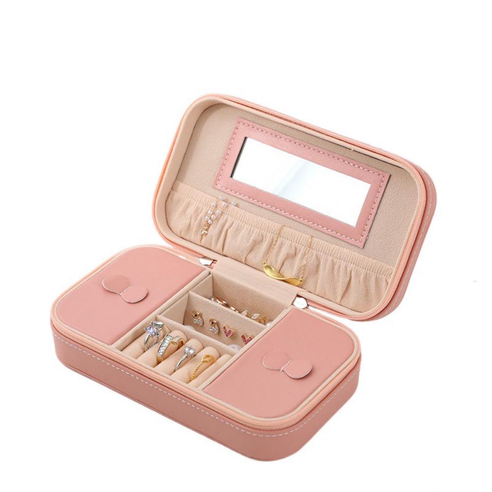 PU Travel Jewelry Case Solid Color Jewelry Display Box Simple Zipper Stotage Boxes  Women
