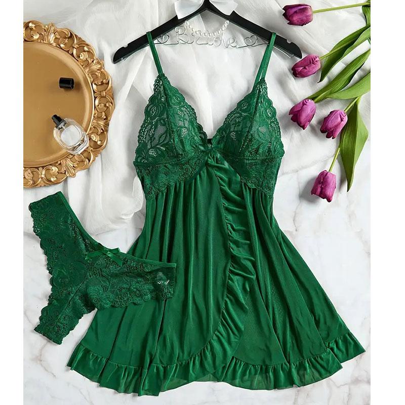 Sommer Sexies Dessous-Kleid Damen Spitze Durchsichtiges Nachthemd Nachtwäsche Einfarbig Schlank Weich V-Ausschnitt Unterkleid Nachtwäsche & Kleider