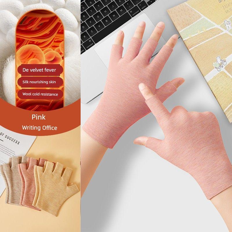 

Half Finger Gloves Student Writing Special Dralon Heating Cold-Proof Heattech Cycling Touch Screen Typing Fingerless Invisible Gloves [Five Fingers] Pink All yards