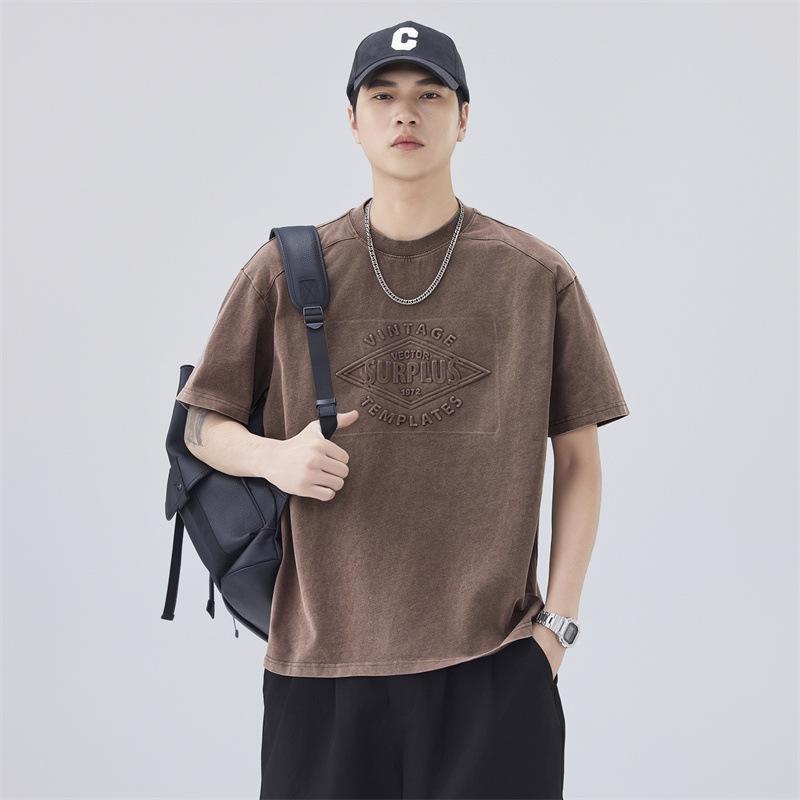 New Summer Men's Short-sleeved T-shirt Heavy Wash Water Concave and Embossed Print English Falling Shoulder T-shirt Short-sleeved