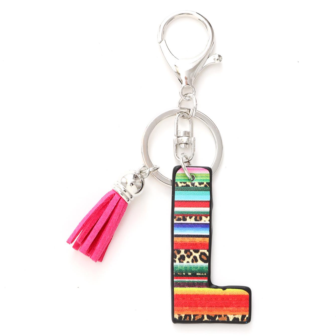 Korean Rainbow Velvet Tassel & Leopard Print Keychain with Letter Pendant