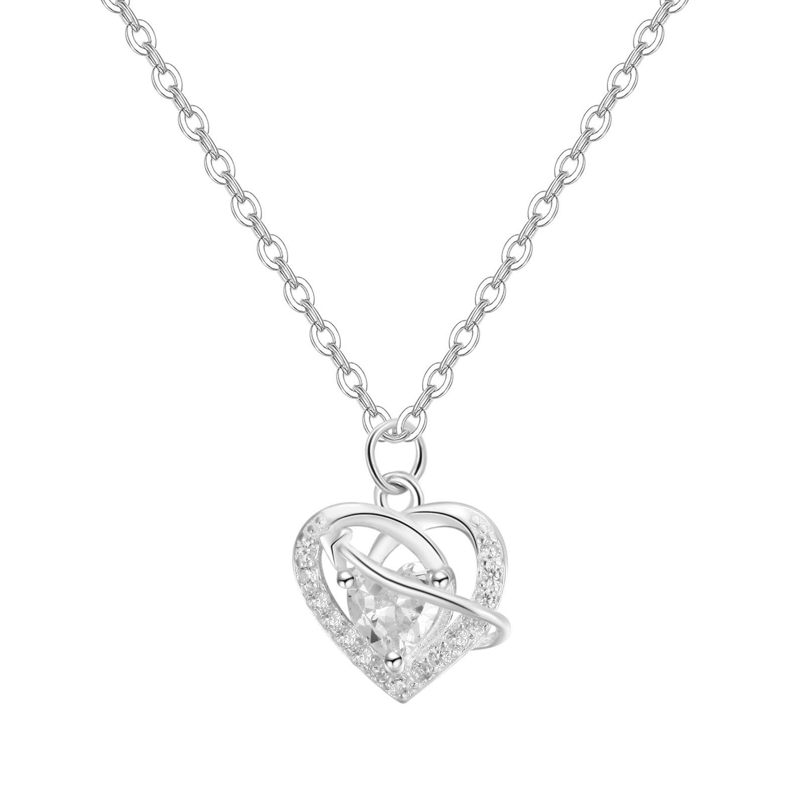 

Sterling Silver Heart & Diamond Inlaid Pendant Necklace - Women s Luxurious Clavicle Chain Choker. Pure Silver серебряный