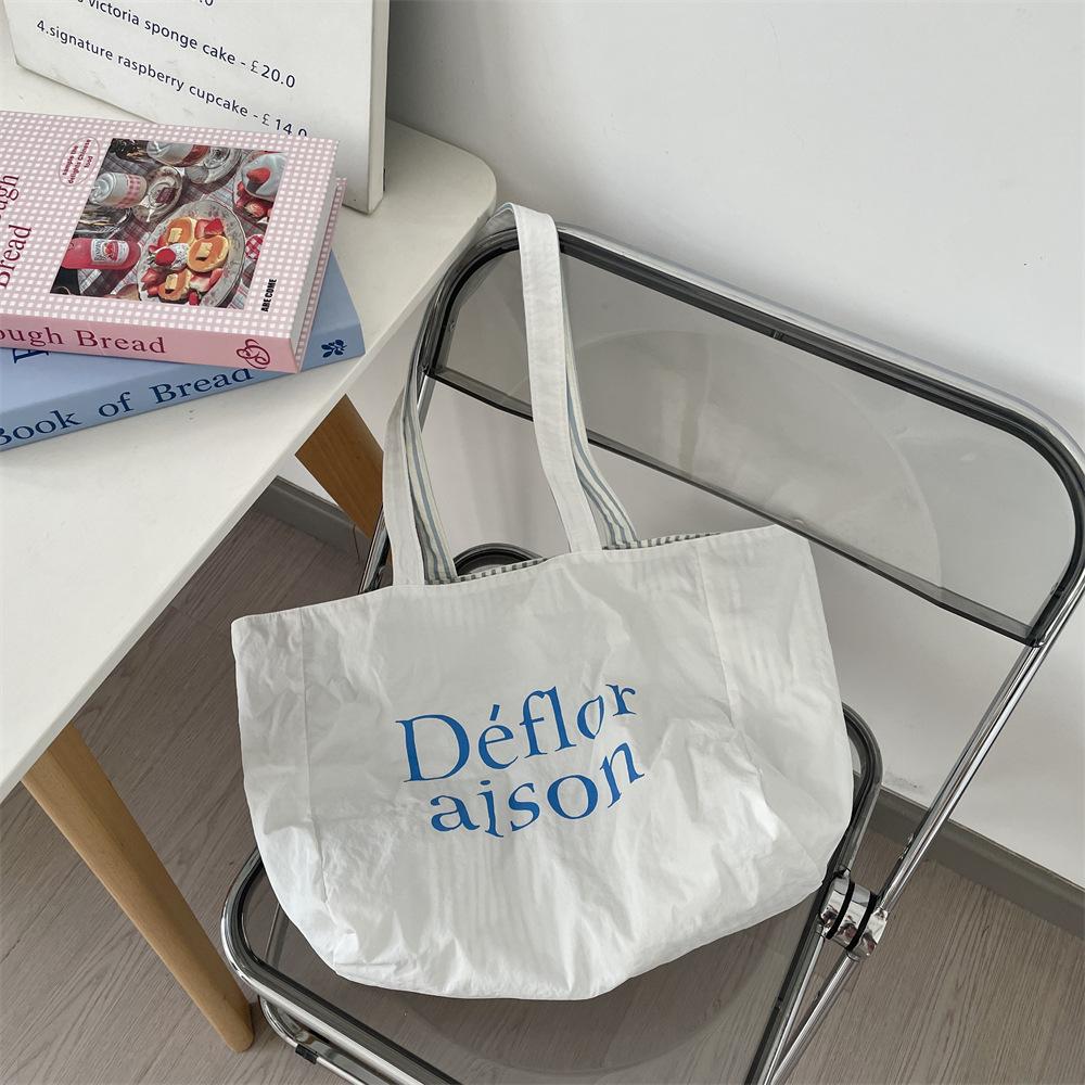 

Dopamine Double Sided Tote Bag Lazy Wind Stripe Colored Letter Printed Bag Student Commuter Canvas Bag
