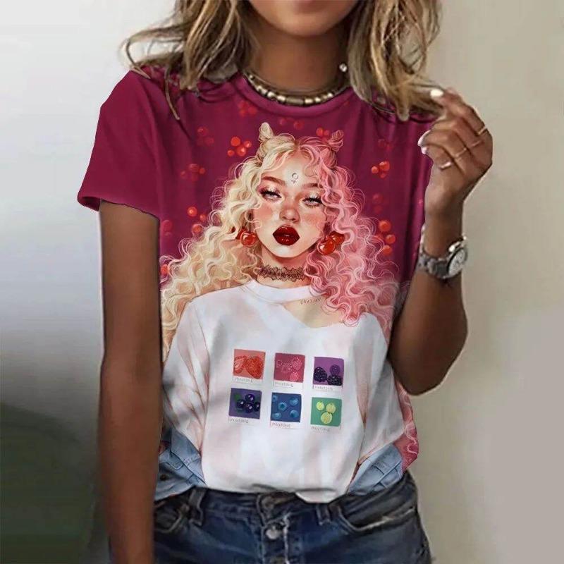 Women's round Neck Short Sleeve T-shirt Animal Print 3D Printing Street Style Loose Fit Summer Casual Wear Polyester Material