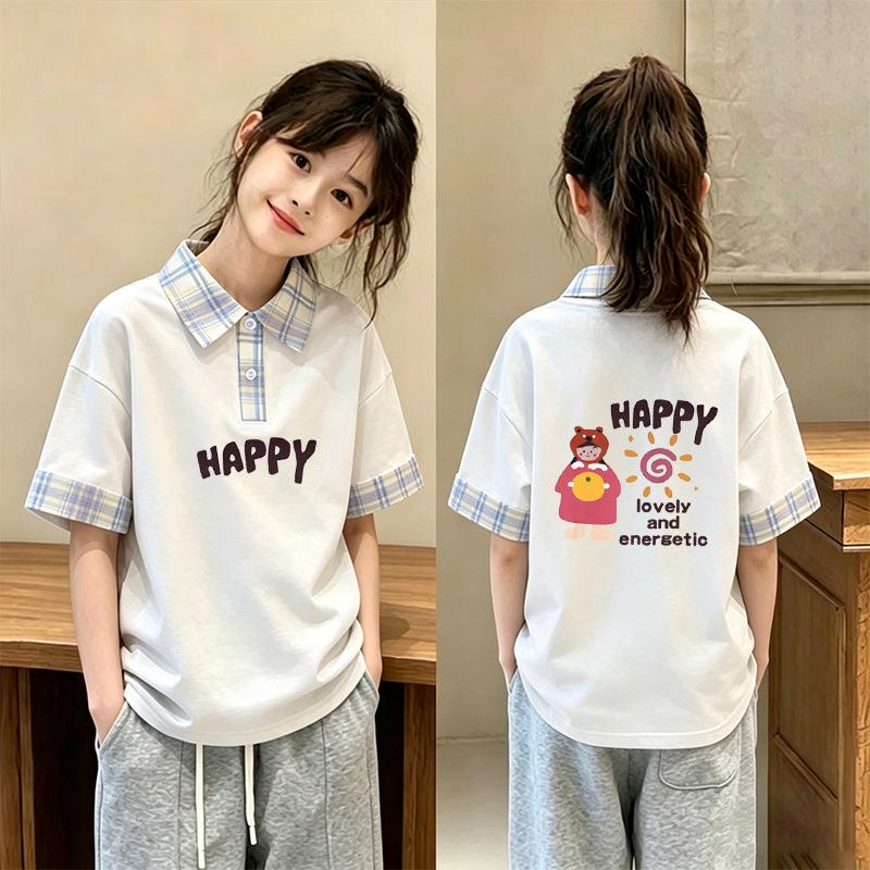 Girls' Trendy Korean-Style Summer Plaid Polo Shirt