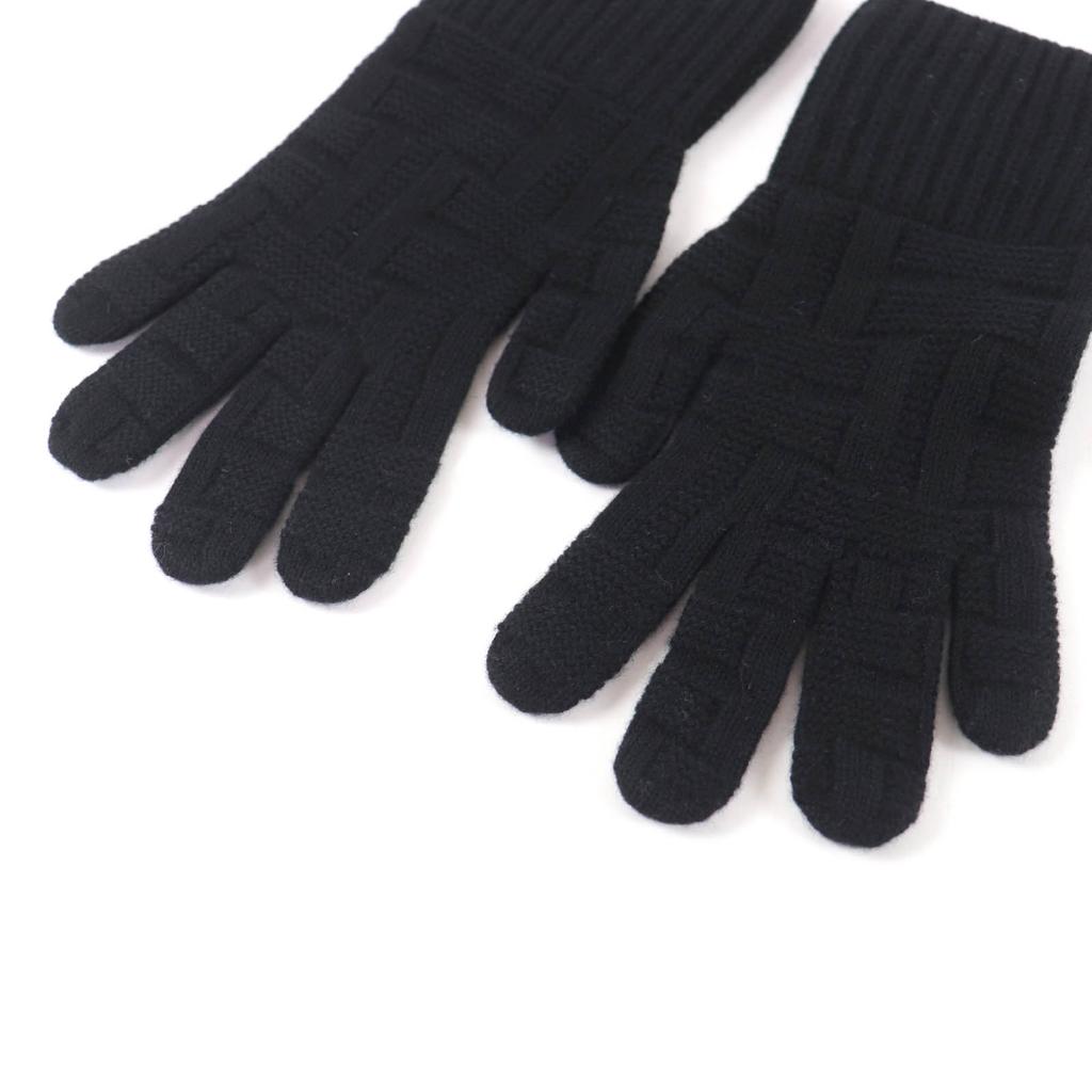 Excellent HERMES Gloves Serie Metal H Design Knit Gloves Black Wool Mens S Used