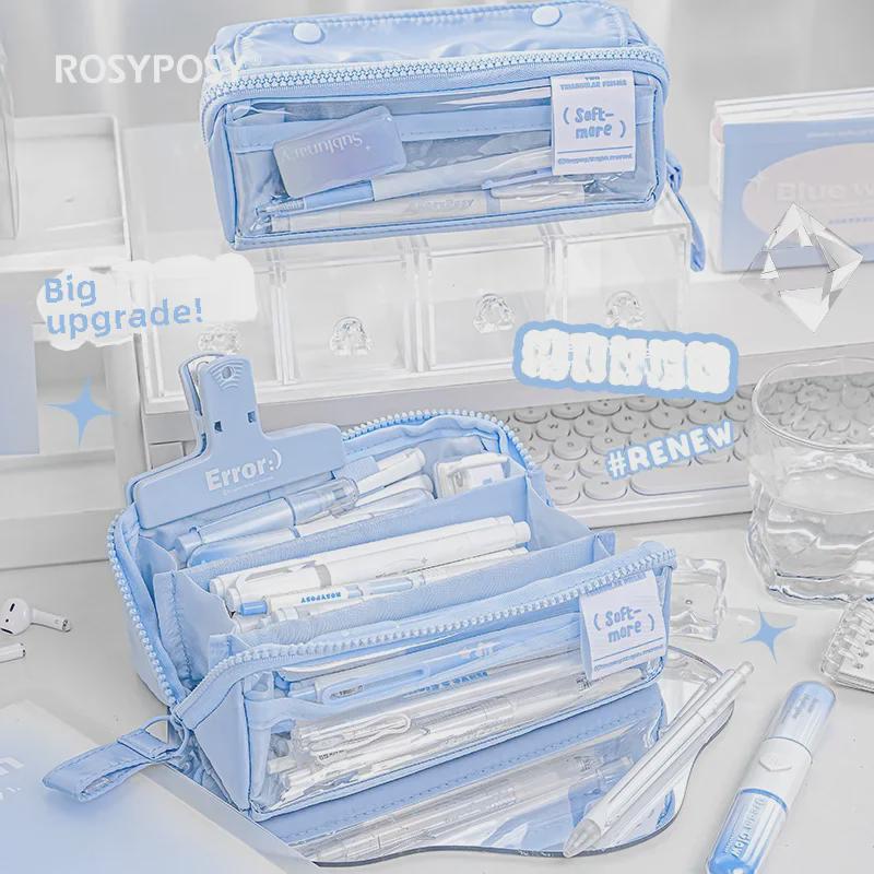RosyPosy Korean Creative Large Capacity Prism Pencil Case - Transparent with Zipper for Students