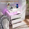 Bedside Nightstand with Narrow Profile Steel Frame and Fabric Drawers with Charging Station and LED Lights Modern Minimalist