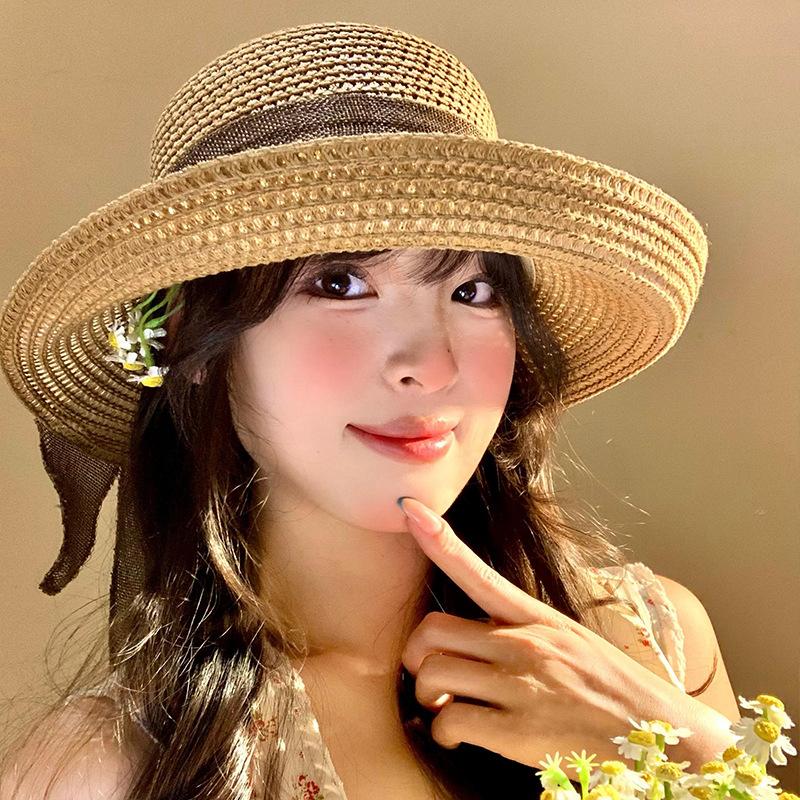 Bow Streamer Straw Hat Women's Summer Seaside Beach Vacation Wind Sun Hat French Retro Sunshade Sun Hat