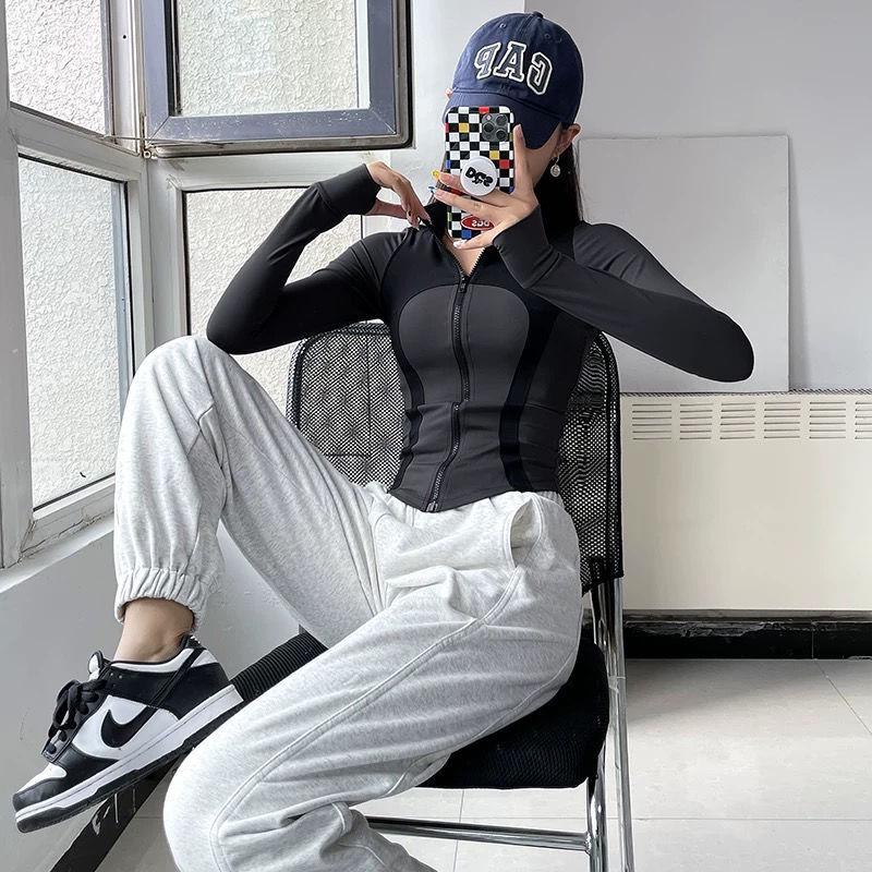 Herbst/Winter Slim Fit Damen Stehkragen Reißverschluss Fitnessjacke - Langarm Yoga Sportbekleidung