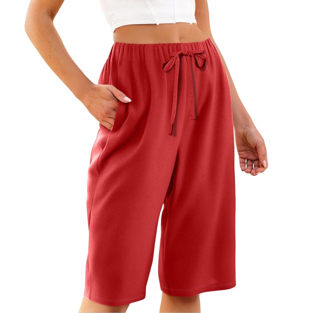 Women's Summer Elasticated Tie Waist Solid Colour Cotton & Linen Loose Shorts