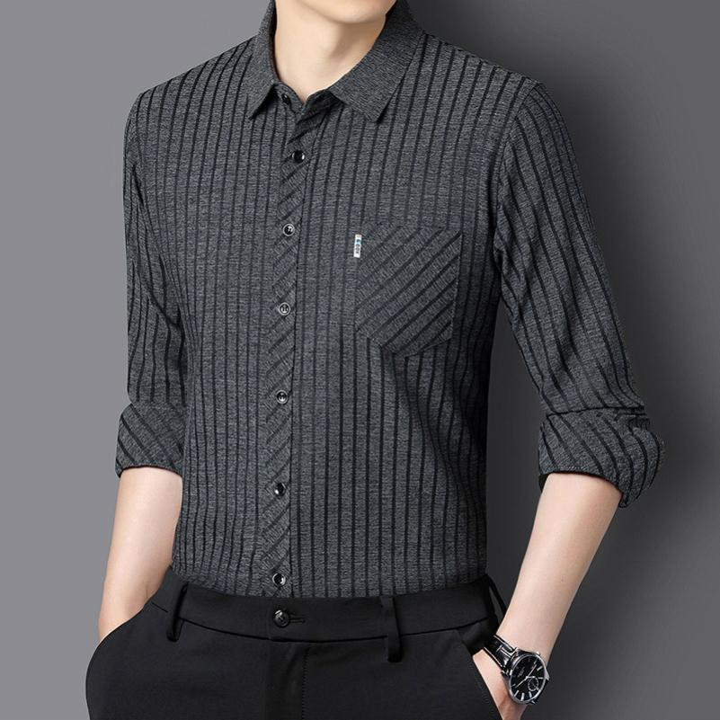 Long-sleeved Shirt Men's Spring and Autumn Dad Wear Striped Non-iron Lapel Real Pocket Men's Shirt