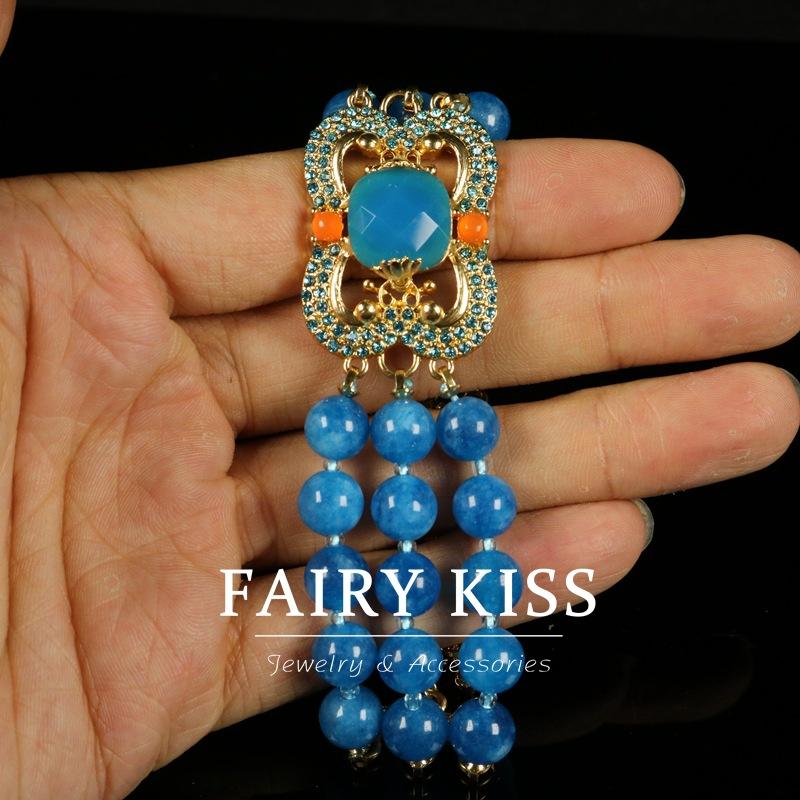 Halskette Armband Set Blaue Steine Perlen Mehrschichtiges Design Diamantbeschichtet Echtsilber Ethnischer Stil Schmuck