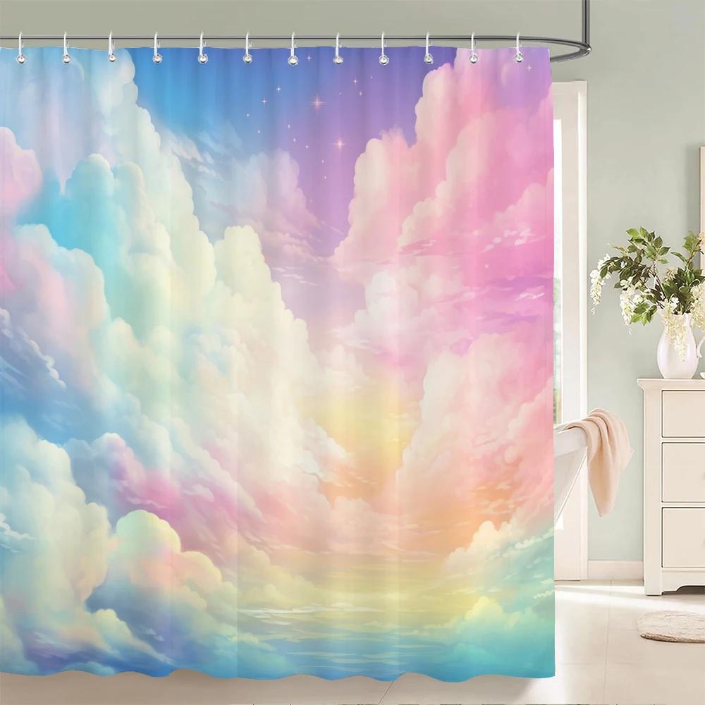 Watercolor Clouds Sky Scenery Shower Curtains Waterproof Fabric Bath Curtains For Bathroom Bathtub Bathing Cover With Hooks