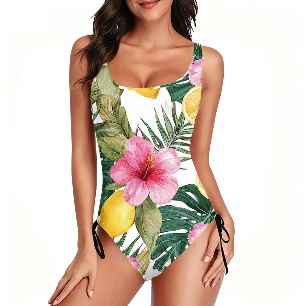Women Swimsuit Floral Print with Adjustable Side Ties Scoop Neck Bathing Suit for Swimming Pool Beach Sports