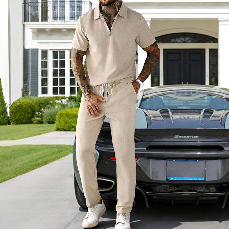 

Men s Solid Color Half-Zip Polo Shirt and Drawstring Pants Set S хакі