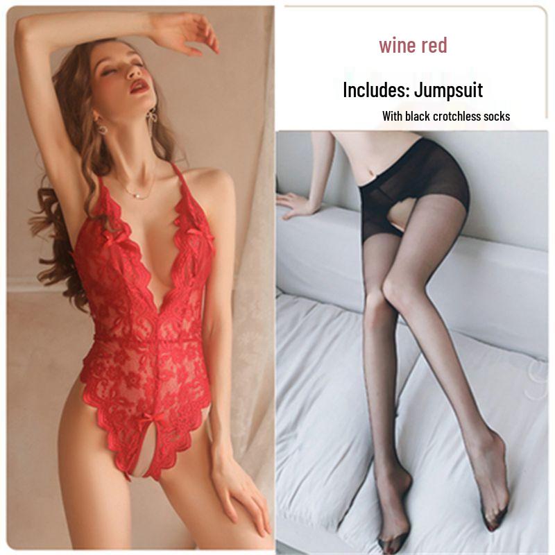 Pure Desire Lace Sleepwear Set: Sexy See-Through, Deep V, Backless, Open Crotch, Removable for Ultimate Temptation