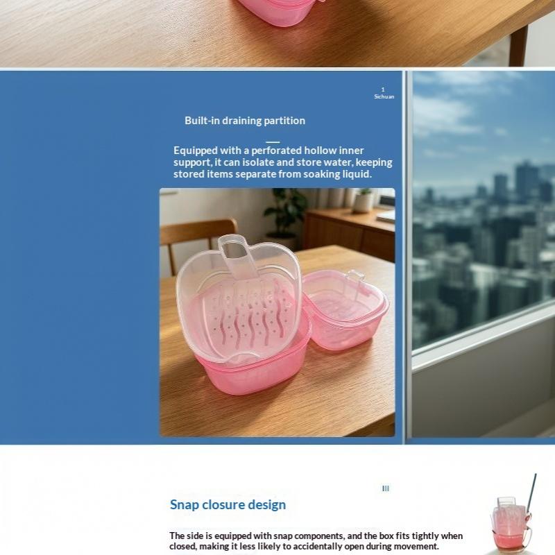 Shaped Denture Case With Drainage Tray Leak Proof Lid Portable For Daily Travel Dental Storage Container