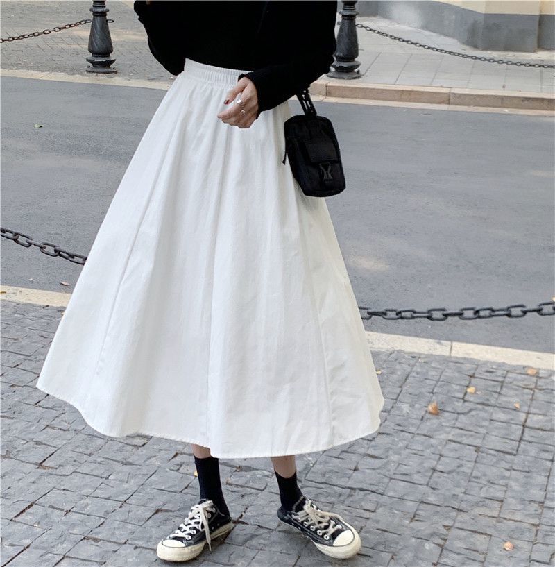 Moteriški balti ilgi sijonai Mada Kišenės Klostuoti Sijonai iki kelių Ruduo 2024 Nauji Kasdieniai Elegantiški Aukštu juosmeniu A silueto Moteriški sijonai