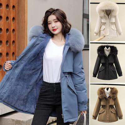 Winter Women Jacket Furry Hood Thickened Plush Long Sleeves Elastic Waist Pockets Zipper Closure Coat Mid Length Windproof Warm Overcoat