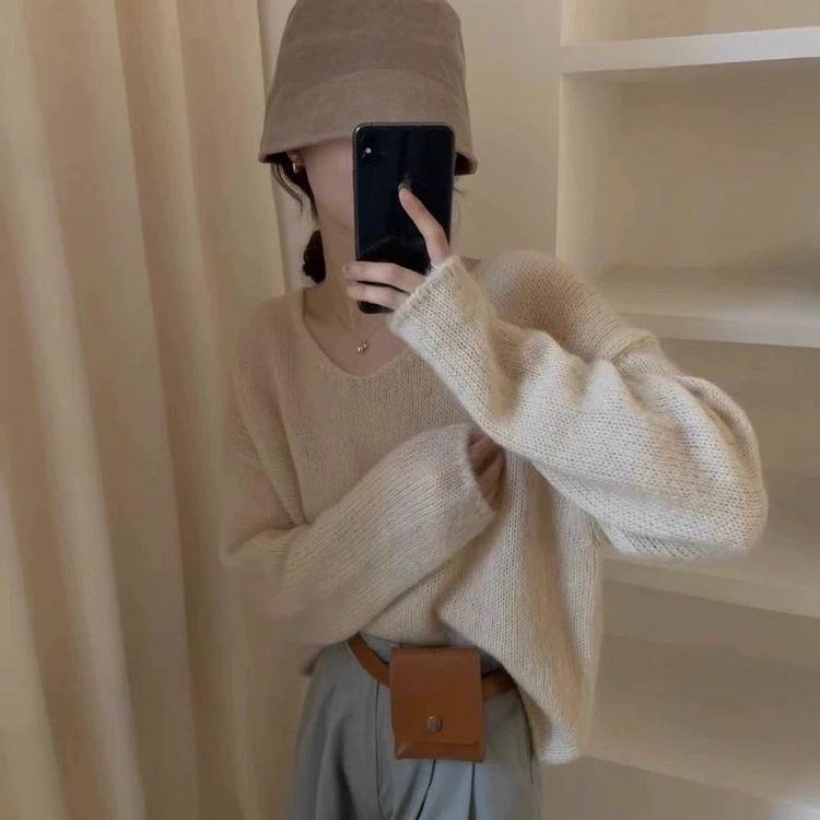 Women's V-Neck Knitted Sweater - Early Autumn, Versatile, Loose Fit, Solid Color