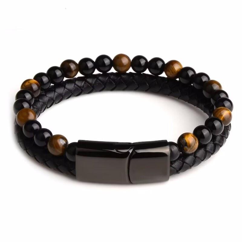 Men Double 21cm Layered Volcanic Stone Beaded Bracelet Alloy Clasp Leather Faux