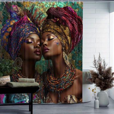 Afrikanische Frauen Wasserdichter Duschvorhang - Traditionelle Kopftücher und Perlen-Schmuckdesign, Strapazierfähiger Stoff für Badezimmerdekor
