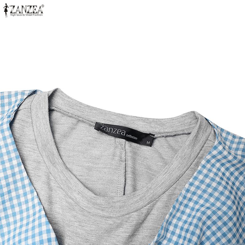 ZANZEA Women Casual Plaid Splice Round Neck Summer Short Sleeve Dress