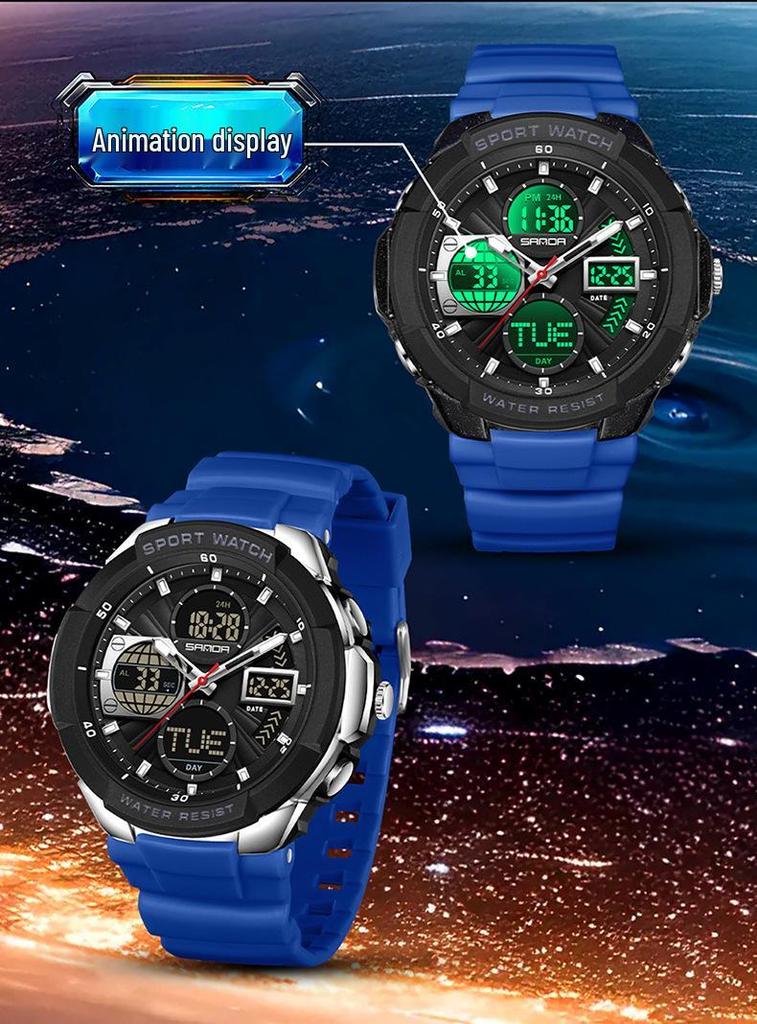 Sanda Men's Multifunctional Sports Watch with Three-Time Zone Dual Display & Waterproof Design