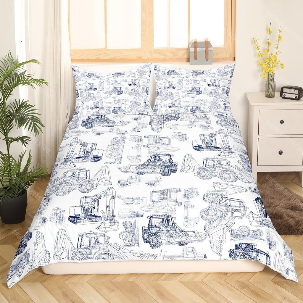 Excavator Duvet Cover Set Twin Queen Size Teens Cartoon Truck Bedding Set Kids Room Decor Construction Vehicle Comforter Cover