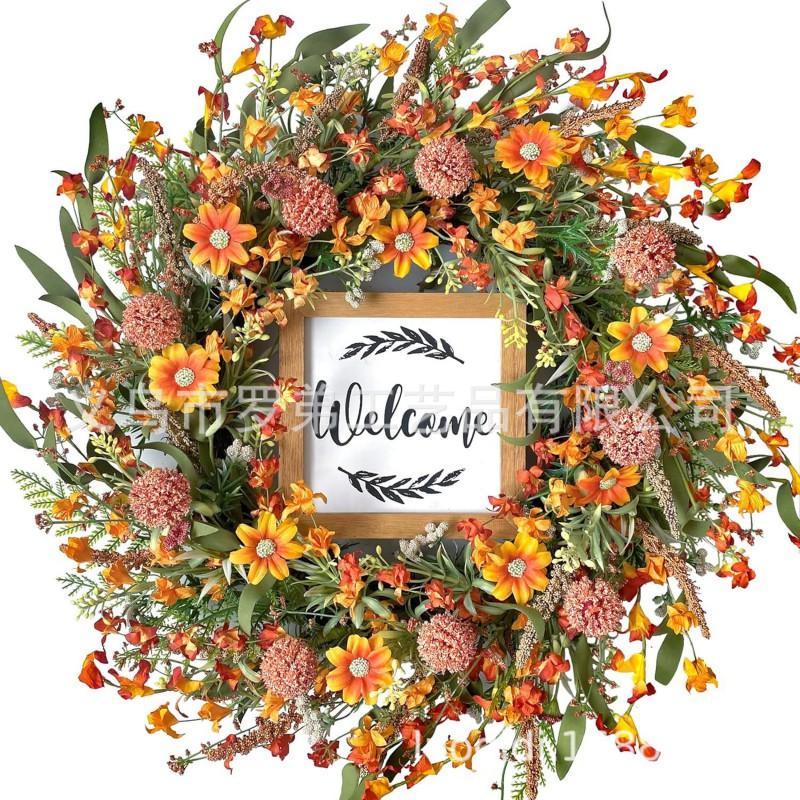 Harvest Wreath With Pumpkins Berries Vine Circle Halloween Thanksgiving Door Decor