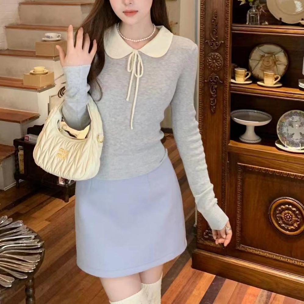 Стирка пряжи с сердечником корейский воротник-стойка с галстуком контрастного цвета облегающий длинный рукав вязаный свитер осень и зима женский шик one size fits all серый 1960₽