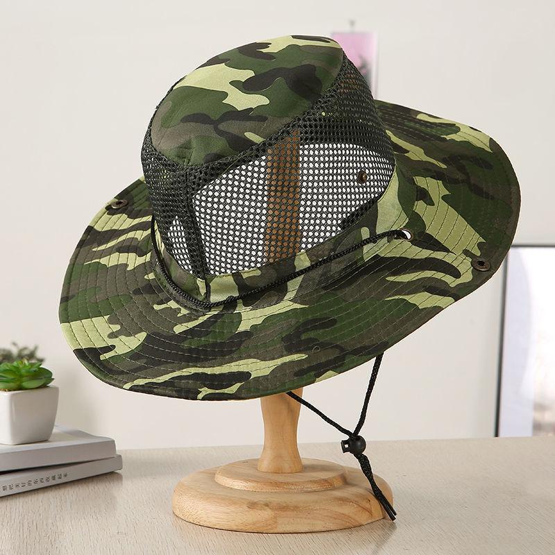 Men's Camo Mesh Sun Hat Wide Brim Breathable Bucket Hat UV Protection Outdoor Fishing Cap