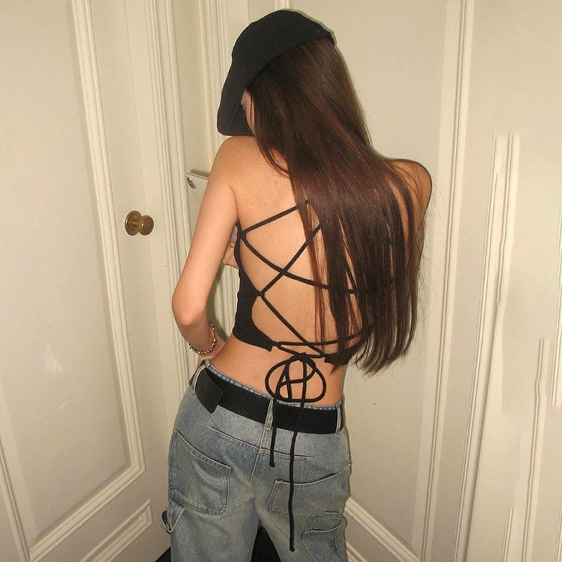 Y2K Damen Tops Rückenfreies Crop Top Ärmellos Sexy Niedlich Schwarze Weste Tank Top Sommer Kurze Weste Weiblich 2000er Kleidung