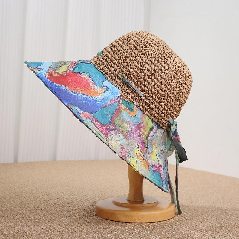 Bohemian splicing sun protection straw hat women's big brim breathable sun hat foldable sun hat seaside beach hat