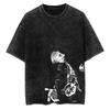 Oversized Acid-Wash Short-Sleeve T-Shirt Featuring Japanese Ukiyo-e Style Graphic Print, Including a Tattooed Samurai/Ninja Figure with a Golden Halo