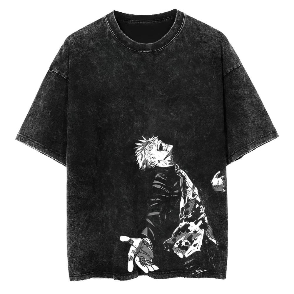 Oversized Acid-Wash Short-Sleeve T-Shirt Featuring Japanese Ukiyo-e Style Graphic Print, Including a Tattooed Samurai/Ninja Figure with a Golden Halo