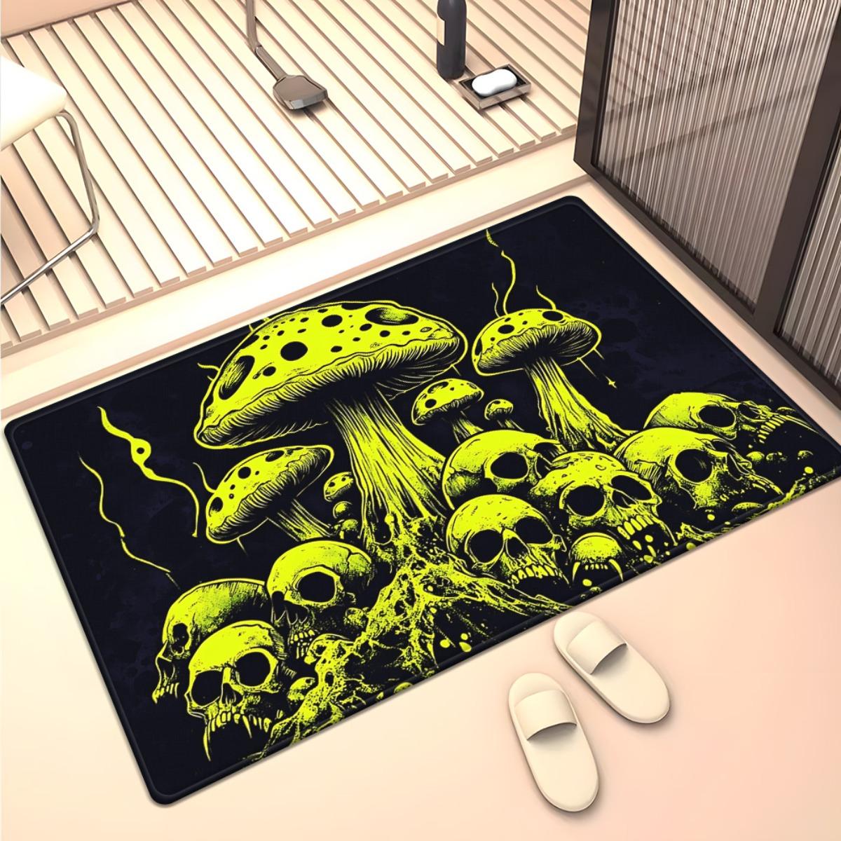 

Mushroom skull neon yellow black rug psychedelic art gothic style living room floor mat unique horror themed carpet 50x 80cm