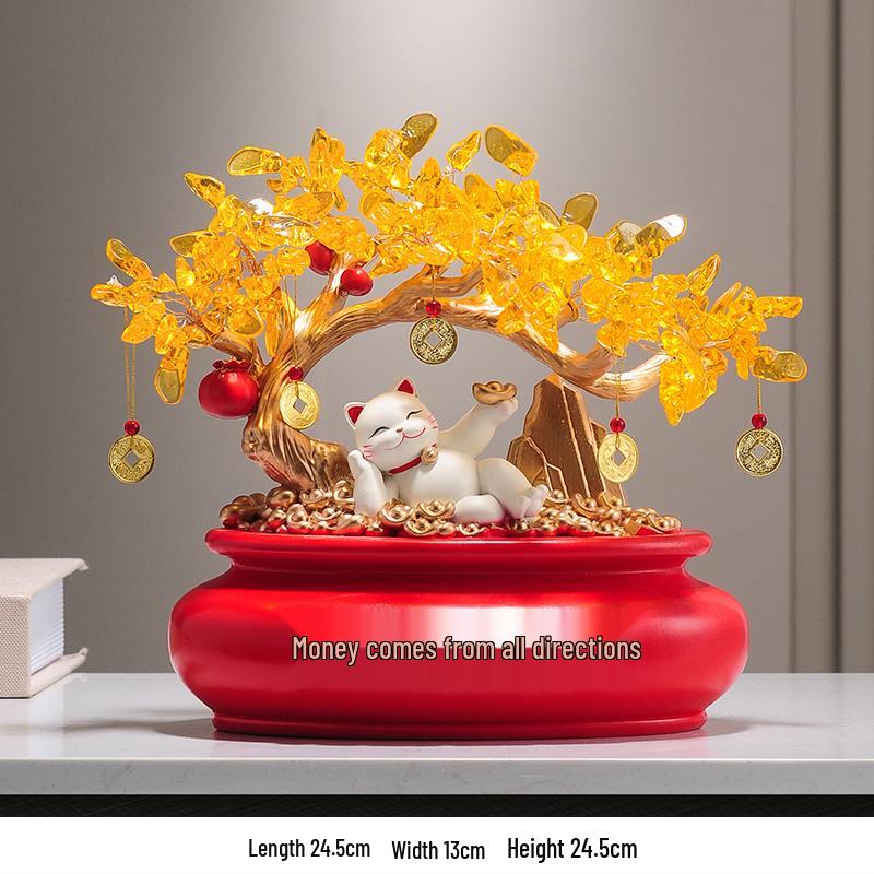 Fortune Cat Money Tree Figurine - Office, Shop, Reception & Housewarming Decoration