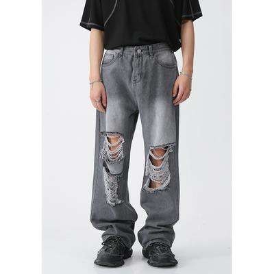Men's Spring Style New Line Street Style Perforated Jeans Trendy Loose Straight Leg Wide Leg