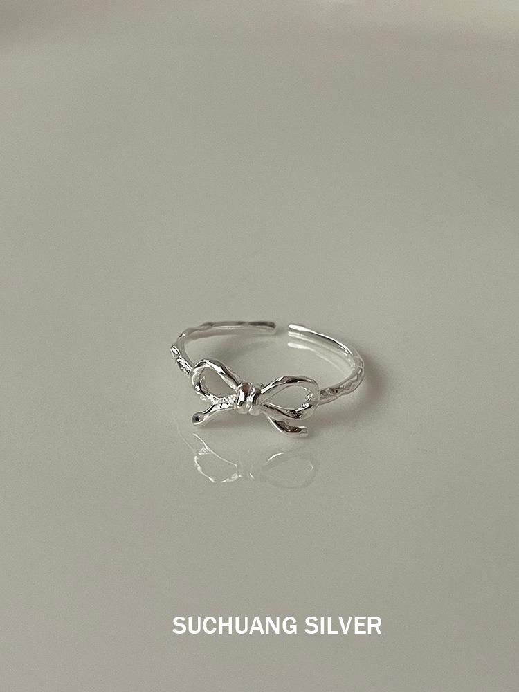 S925 Sterling Silver Bow Knot Twisted Ring for Women - Korean Design, High-End, Versatile Index Finger Ring. Adjustable Opening