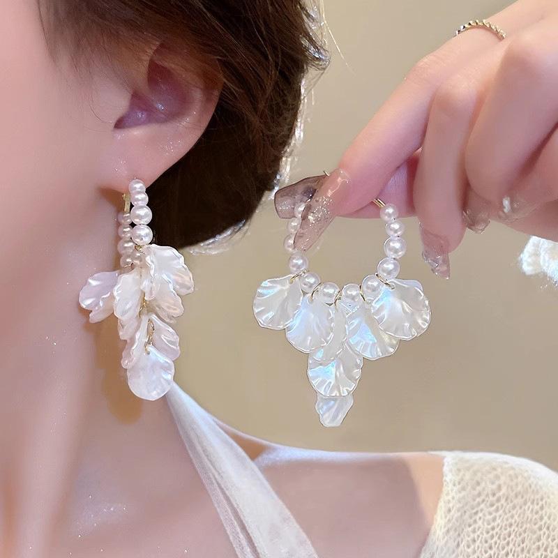 White Hoop Earrings with Tassels, Shell Petals, Flowers and Pearls for Women, Elegant with… More