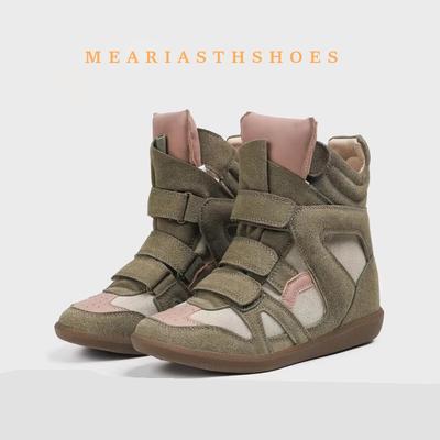 Baskets montantes en cuir pour femmes avec velcro Chaussures de sport décontractées Rehaussement intérieur 8CM Automne Nouveau style bout rond Semelle en caoutchouc