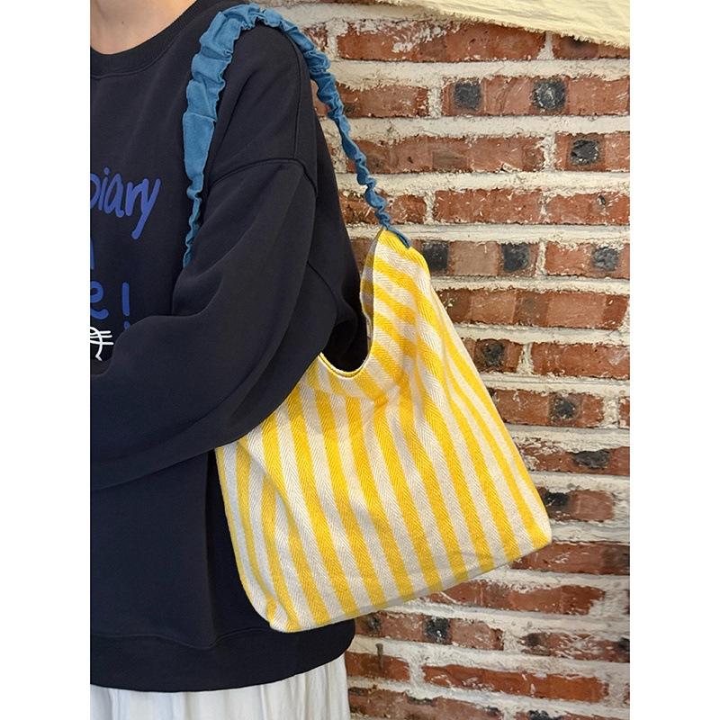 Niche Striped Canvas Bag Women's 2025 New Large-capacity Shoulder Bag Lazy Wind Contrasting Color Literary Tote Bag